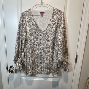 Vince Camuto Womens Blouse Top M New Ivory Paisley Print V Neck Long Sleeve